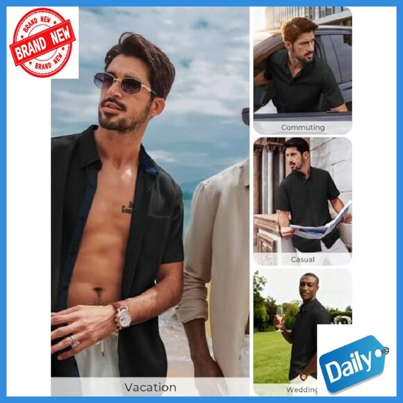 Men's Linen Blend Button Down Short Sleeve Shirt Casual Business Style - Picture 3 of 7